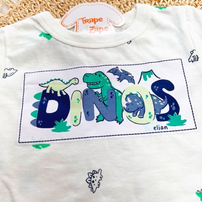 Conj. Camiseta Dinos e Bermuda - Off White e Verde